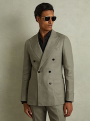 Reiss Light Sage Green Halgas Linen Double Breasted Blazer - Image 1 of 7