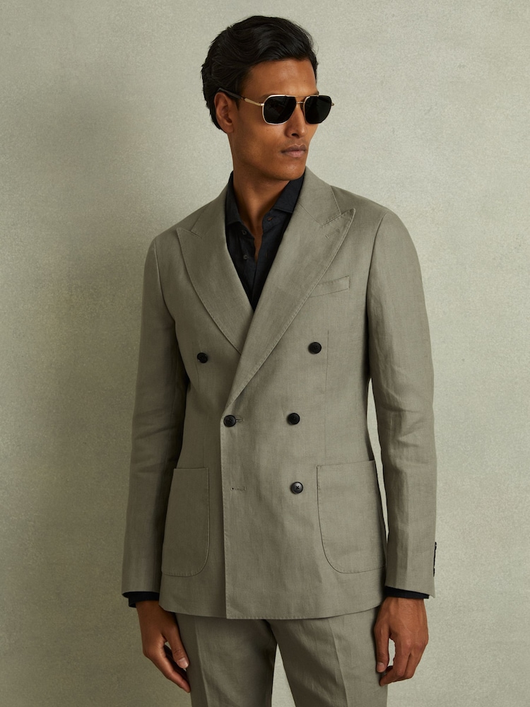 Reiss Light Sage Green Halgas Linen Double Breasted Blazer - Image 1 of 7