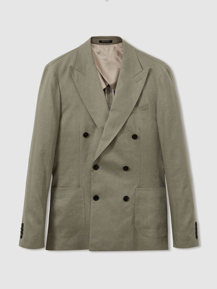 Reiss Light Sage Green Halgas Linen Double Breasted Blazer - Image 2 of 7