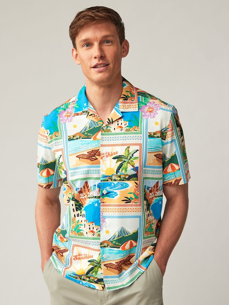 Multi Printed Short Sleeve Shirt with Cuban Collar - Image 1 of 6