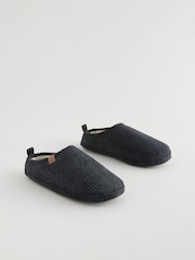 Black Corduroy Borg Lined Mule Slippers - Image 1 of 6
