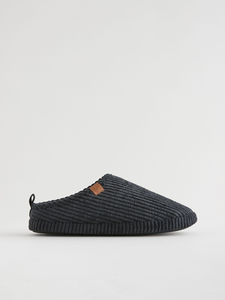 Black Corduroy Borg Lined Mule Slippers - Image 2 of 6