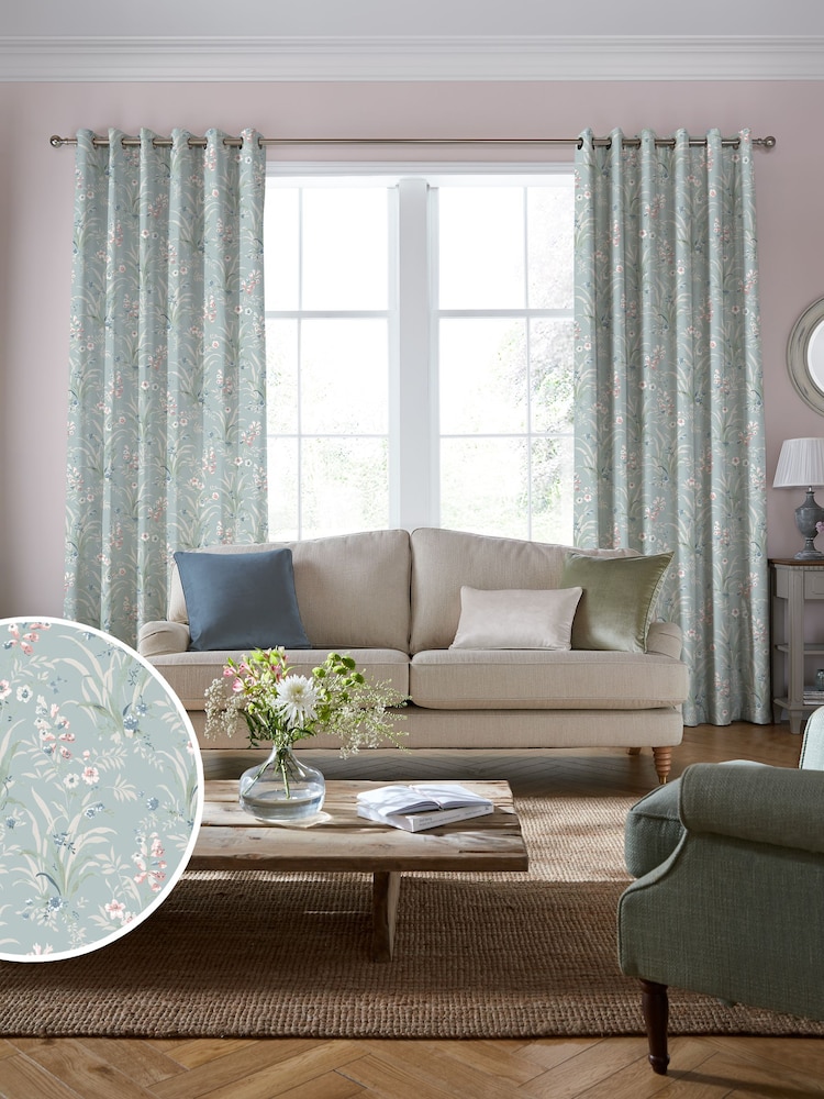 Laura Ashley Dark Duck Egg Blue Mosedale Posy Made to Measure 100% Cotton Curtains - Image 1 of 6