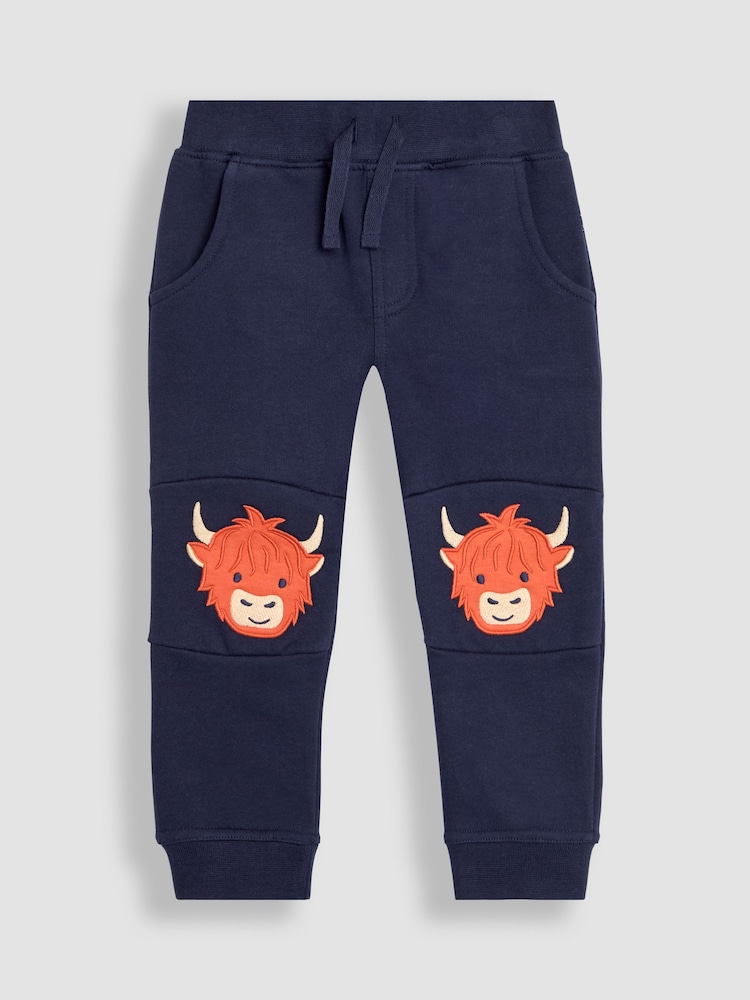 JoJo Maman Bébé Navy Blue Highland Cow Appliqué Pet in Pocket Knee Joggers - Image 1 of 3
