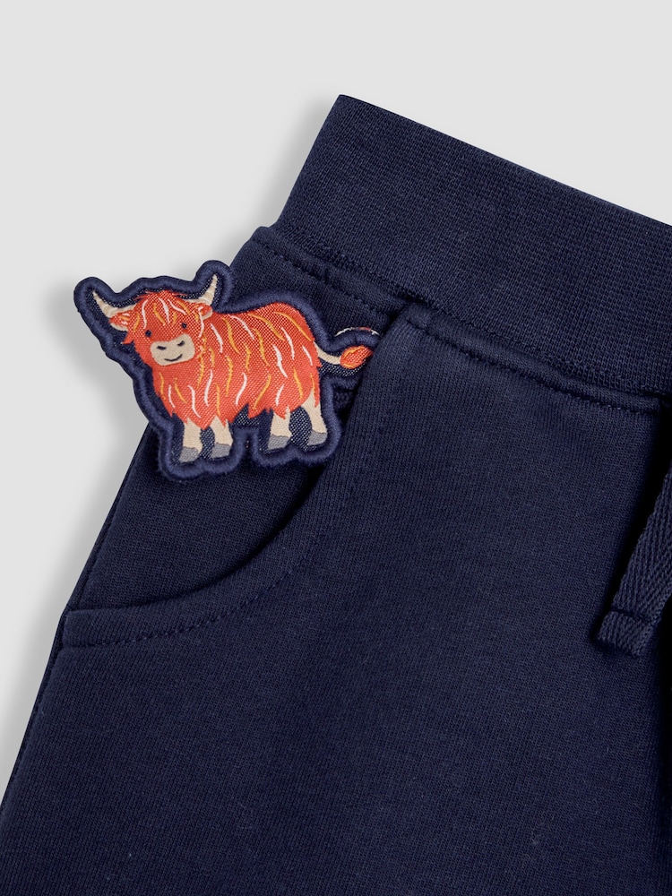 JoJo Maman Bébé Navy Blue Highland Cow Appliqué Pet in Pocket Knee Joggers - Image 3 of 3