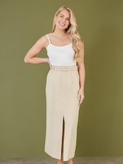 Yumi Natural 100% Cotton Midi Skirt With Belt And Split Hem - Image 1 of 4