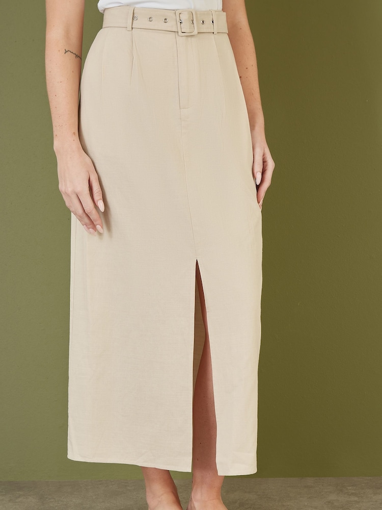 Yumi Natural 100% Cotton Midi Skirt With Belt And Split Hem - Image 2 of 4