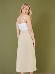 Yumi Natural 100% Cotton Midi Skirt With Belt And Split Hem - Image 3 of 4