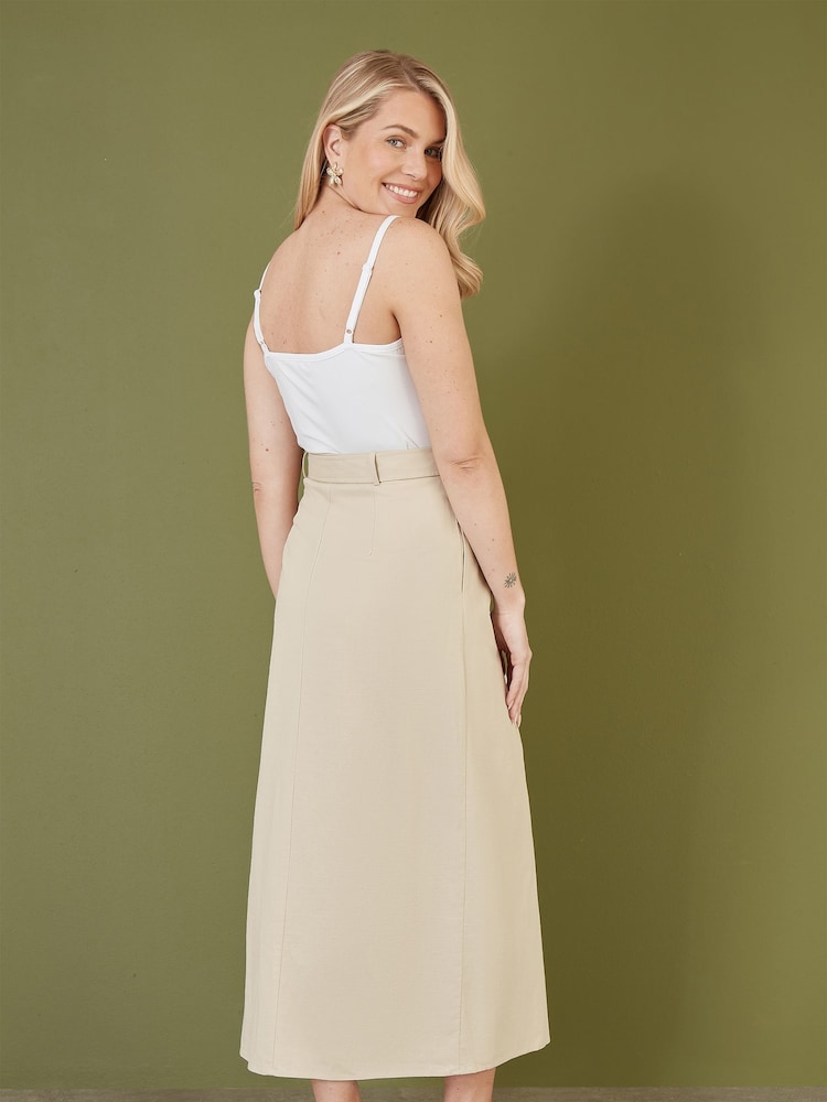 Yumi Natural 100% Cotton Midi Skirt With Belt And Split Hem - Image 3 of 4