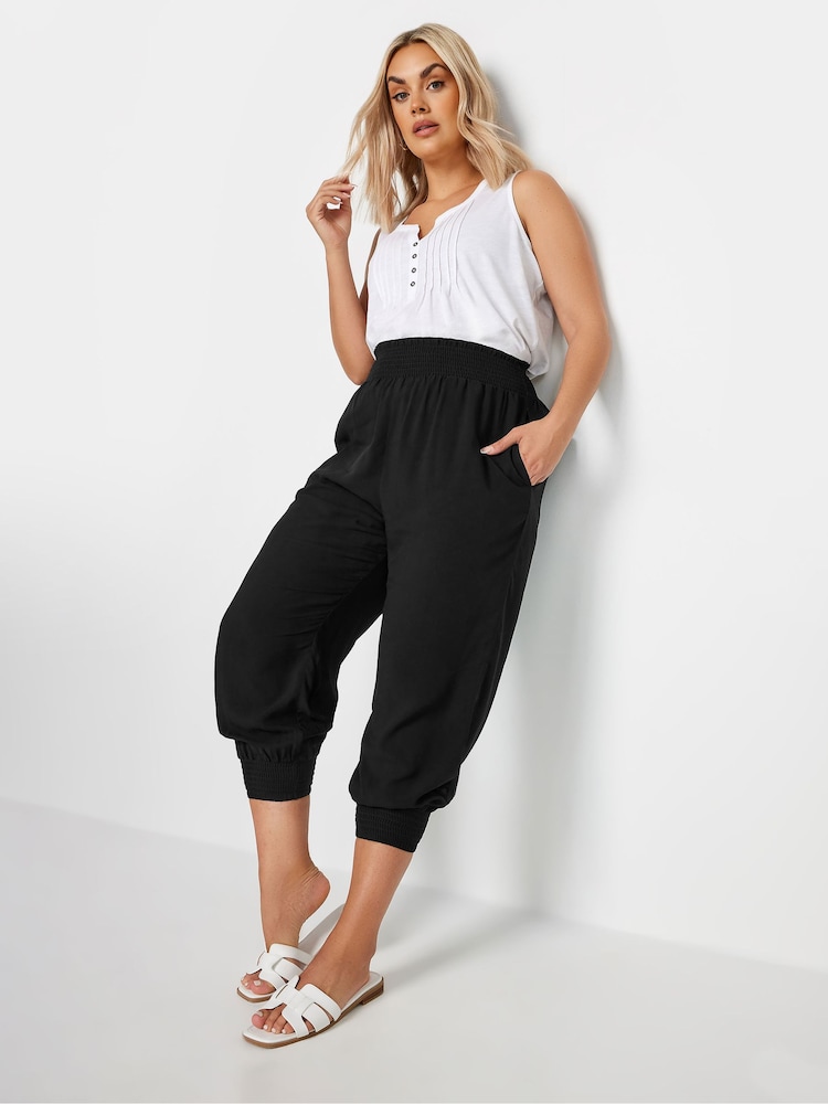 Yours Curve Black Shirred Harem Trousers - Image 2 of 5