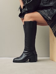 Black Leather Forever Comfort® Square Toe Chunky Knee High Boots - Image 1 of 7