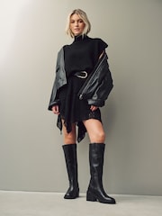 Black Leather Forever Comfort® Square Toe Chunky Knee High Boots - Image 2 of 7