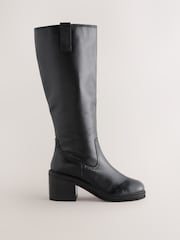 Black Leather Forever Comfort® Square Toe Chunky Knee High Boots - Image 4 of 7
