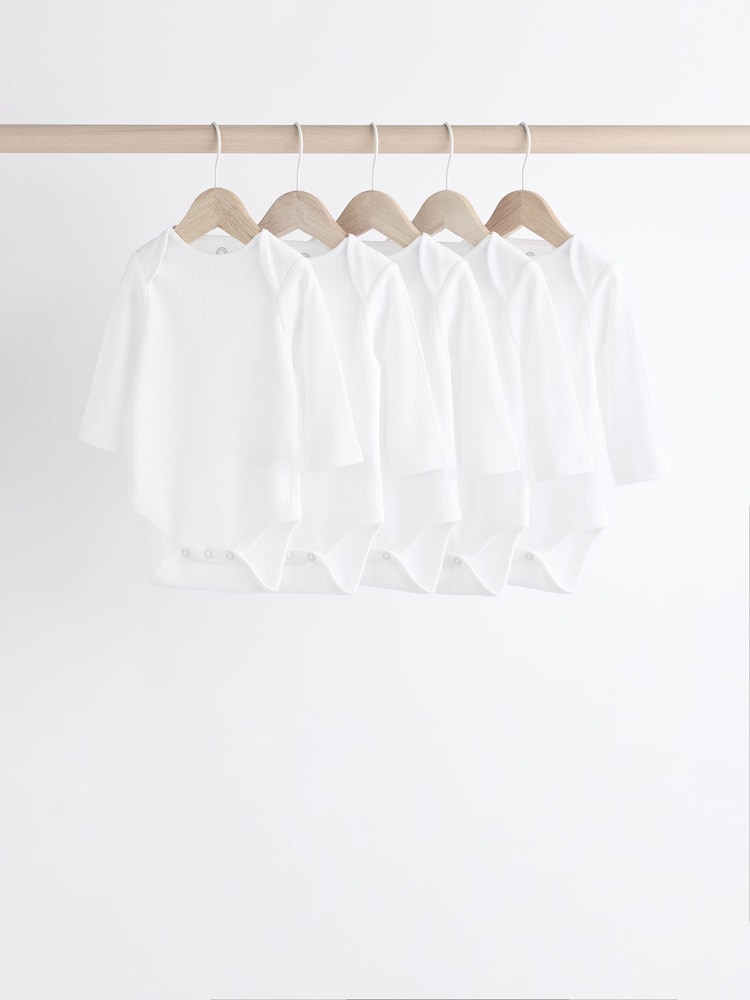 White Long Sleeve Rib Baby Bodysuits 5 Pack - Image 1 of 8