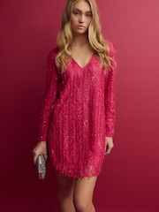 Bright Pink Long Sleeve V-Neck Fringe Sequin Mini Dress - Image 1 of 8