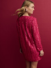 Bright Pink Long Sleeve V-Neck Fringe Sequin Mini Dress - Image 4 of 8