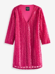 Bright Pink Long Sleeve V-Neck Fringe Sequin Mini Dress - Image 6 of 8