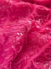 Bright Pink Long Sleeve V-Neck Fringe Sequin Mini Dress - Image 8 of 8