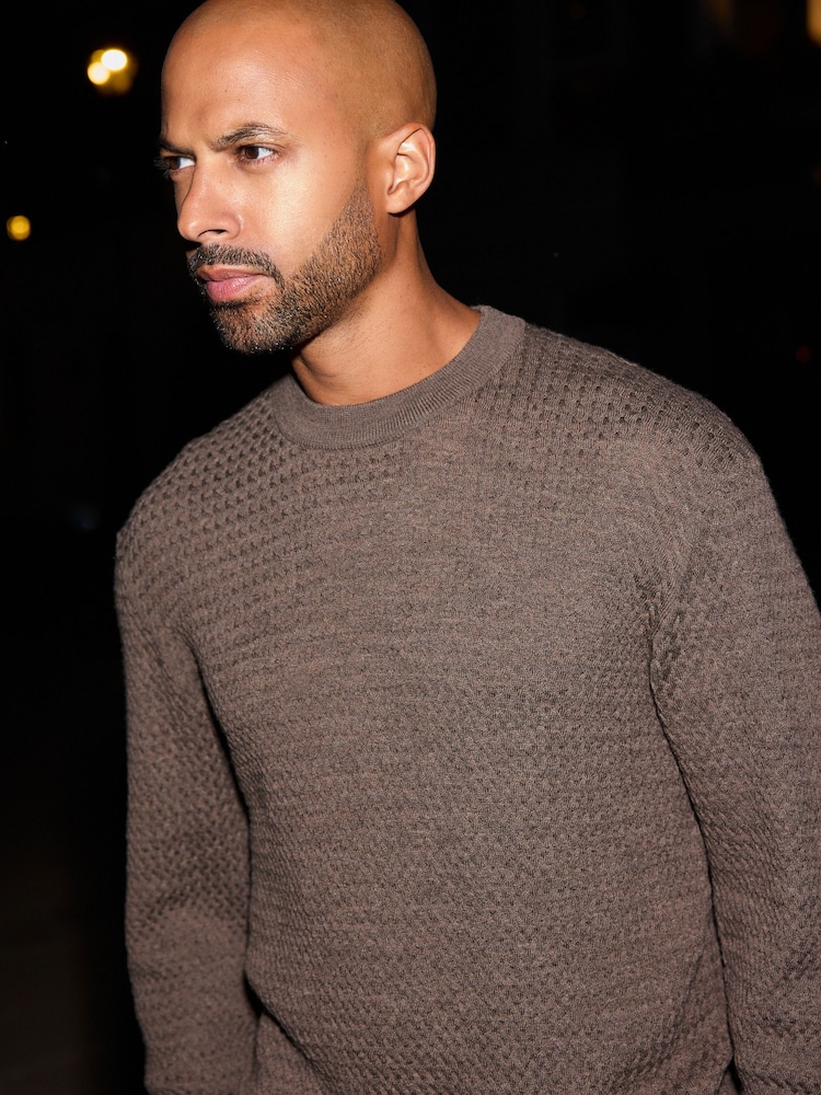 Brown Signature 100% Merino Textured Crew Jumper - Image 1 of 7