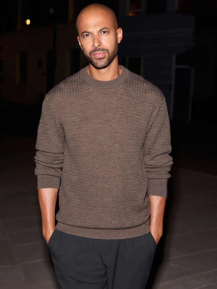 Brown Signature 100% Merino Textured Crew Jumper - Image 2 of 7
