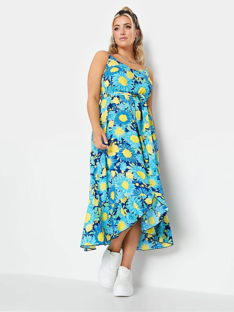 Yours Curve Blue Frilled Hem Dress - Image 1 of 4
