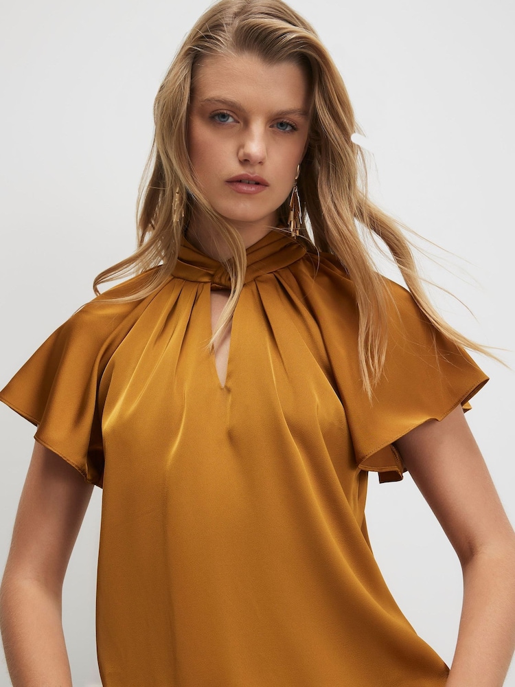 River Island Brown Satin Angel Sleeve Twist Front Top - Image 1 of 4