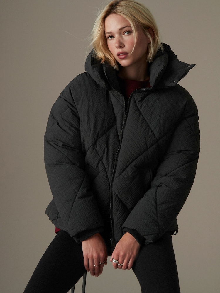 Black Shower Resistant Textured Padded Hooded Jacket - Image 1 of 9