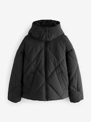 Black Shower Resistant Textured Padded Hooded Jacket - Image 6 of 9