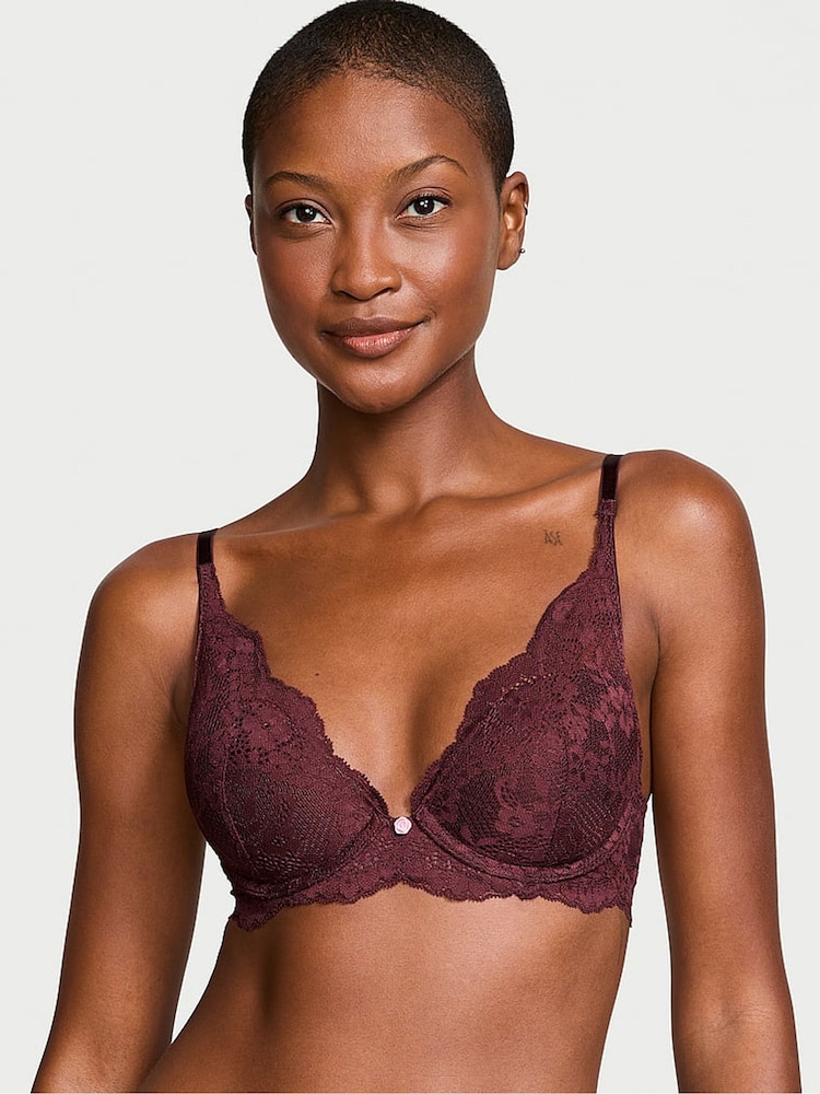Victoria's Secret Burgundy Purple Lace Half Pad Plunge Bra - Image 1 of 3