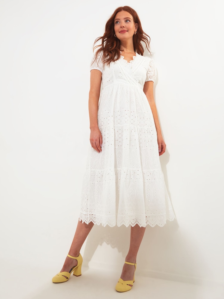 Joe Browns White Wrap Front Scalloped Edge Broderie Midi Dress - Image 1 of 5