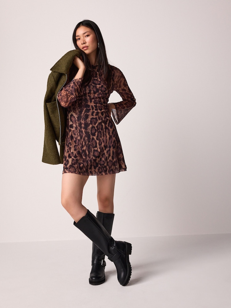 Leopard Print Long Sleeve Mini Mesh Dress - Image 1 of 7