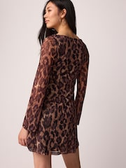 Leopard Print Long Sleeve Mini Mesh Dress - Image 4 of 7