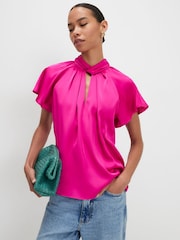 River Island Pink Satin Angel Sleeve Twist Front Top - Image 1 of 4