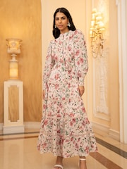 Yumi Pink Tiered Long Sleeve High Neck Maxi Dress With Lace Trims - Image 1 of 5