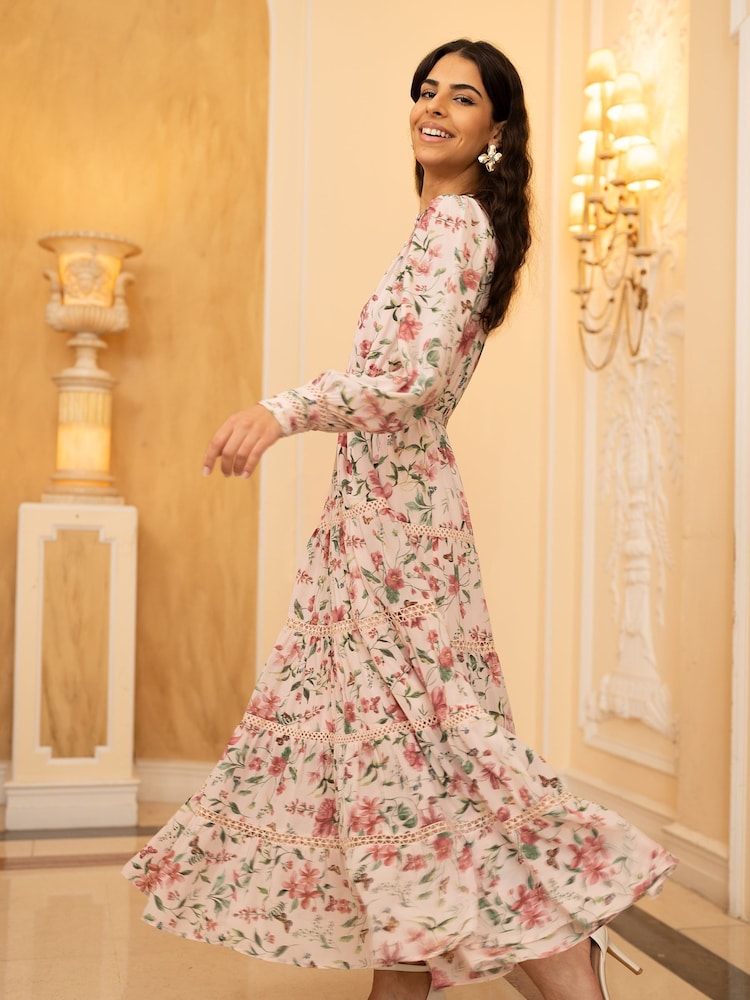 Yumi Pink Tiered Long Sleeve High Neck Maxi Dress With Lace Trims - Image 2 of 5