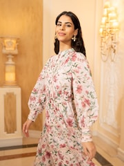 Yumi Pink Tiered Long Sleeve High Neck Maxi Dress With Lace Trims - Image 4 of 5