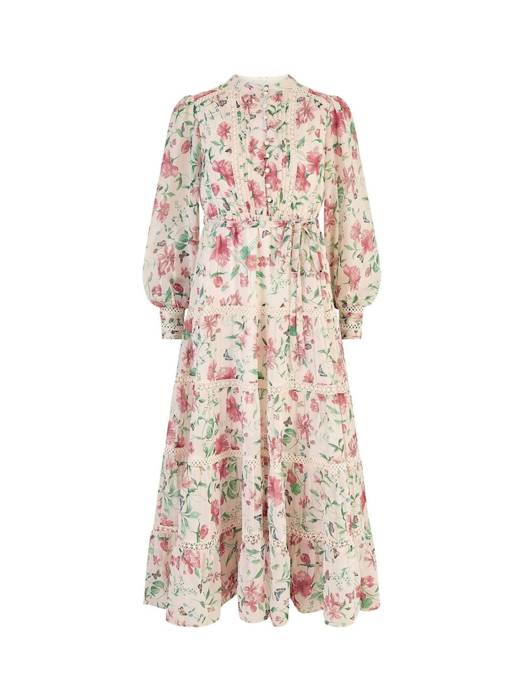 Yumi Pink Tiered Long Sleeve High Neck Maxi Dress With Lace Trims - Image 5 of 5