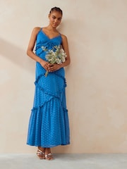 Anaya With Love Blue Metallic Flock Maxi Dress With Ruffles - Image 1 of 4