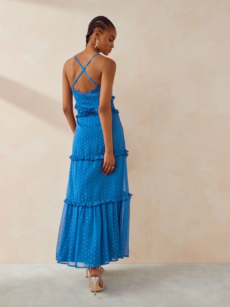 Anaya With Love Blue Metallic Flock Maxi Dress With Ruffles - Image 2 of 4