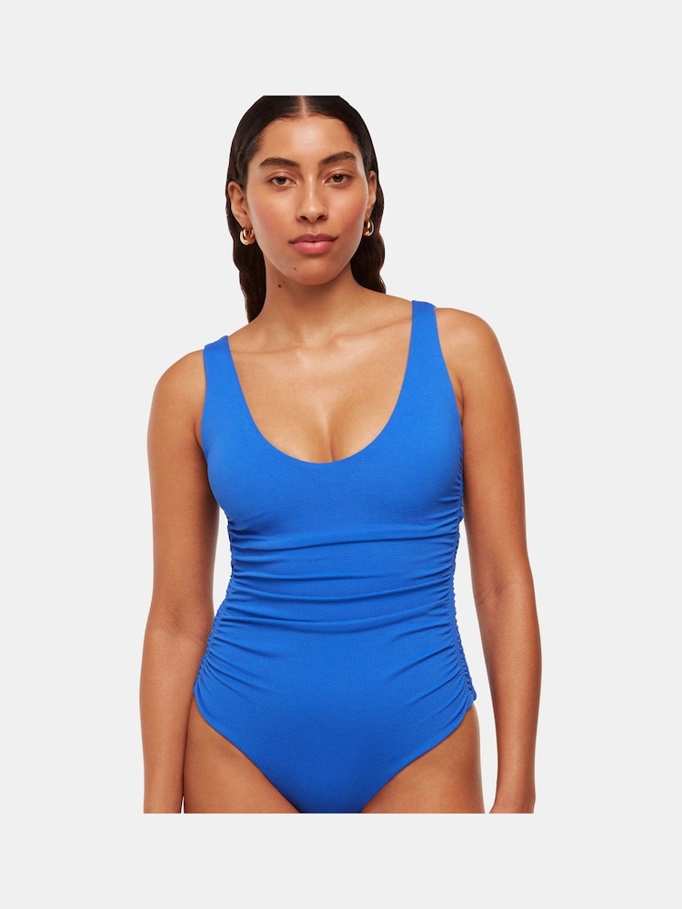Whistles Blue Textured Side Ruched Swimsuit - Image 1 of 5 Whistles Blue Textured Side Ruched Swimsuit - Image 1 of 5
