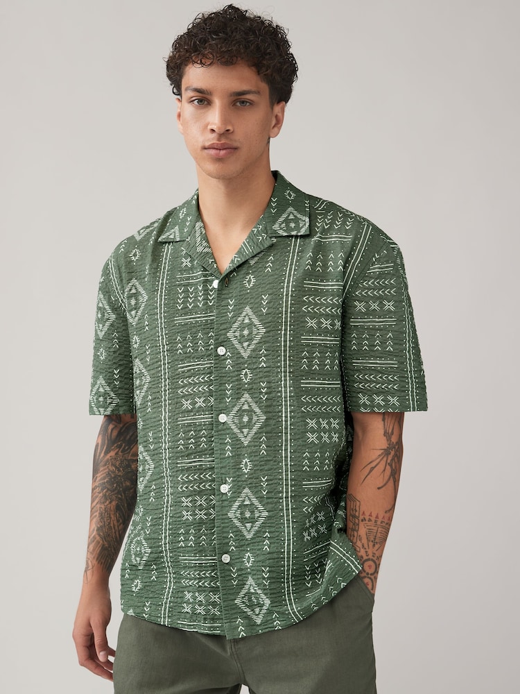 Khaki Green Printed Navajo Style Short Sleeve Shirt - Image 1 of 7 Khaki Green Printed Navajo Style Short Sleeve Shirt - Image 1 of 7