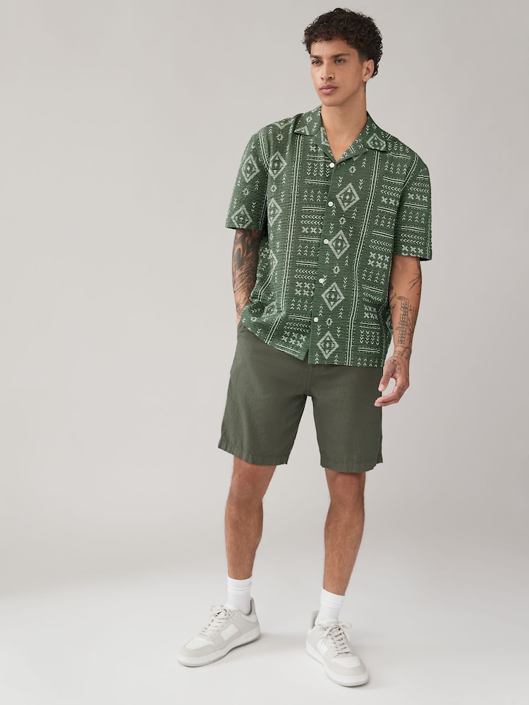 Khaki Green Printed Navajo Style Short Sleeve Shirt - Image 2 of 7 Khaki Green Printed Navajo Style Short Sleeve Shirt - Image 2 of 7
