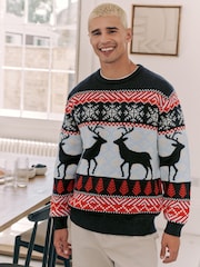 Navy Blue/Red Matching Family Mens Christmas Fair Isle Pattern Reindeer Jumper - Image 1 of 7