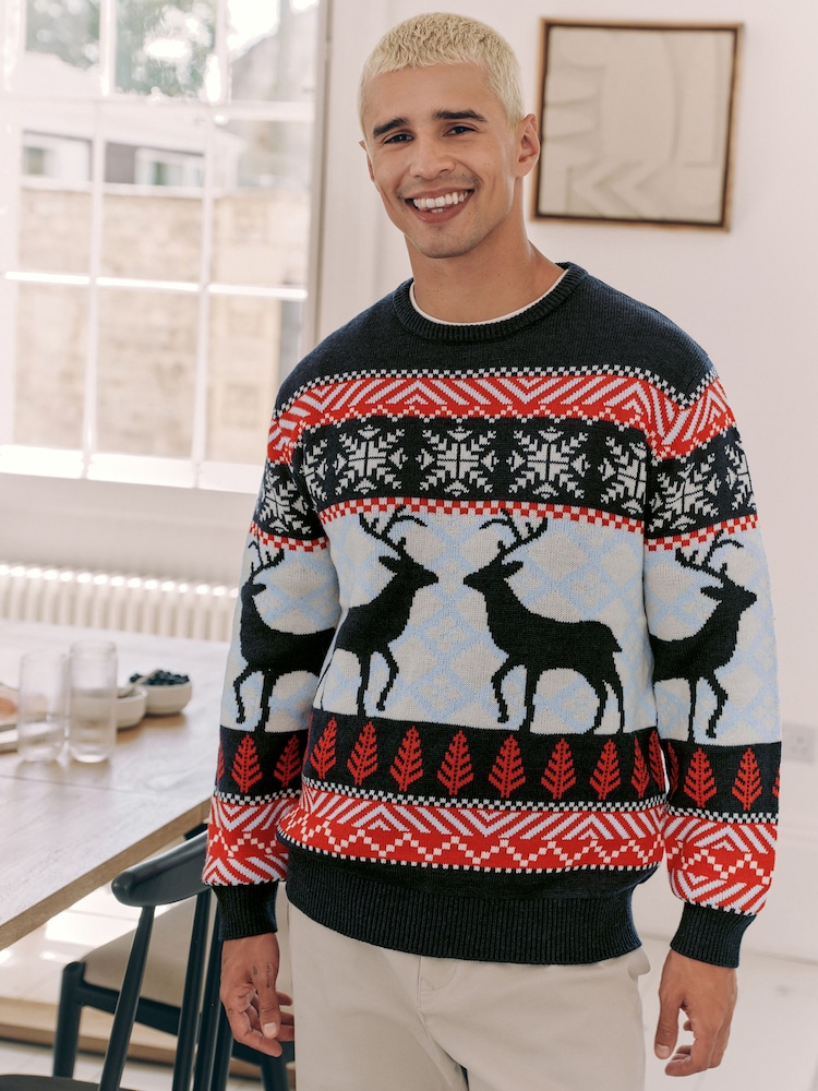 Navy Blue/Red Matching Family Mens Christmas Fair Isle Pattern Reindeer Jumper - Image 1 of 7