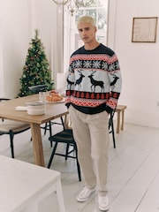 Navy Blue/Red Matching Family Mens Christmas Fair Isle Pattern Reindeer Jumper - Image 3 of 7
