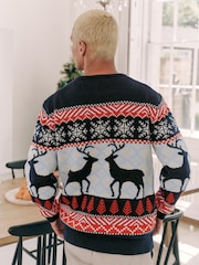 Navy Blue/Red Matching Family Mens Christmas Fair Isle Pattern Reindeer Jumper - Image 4 of 7