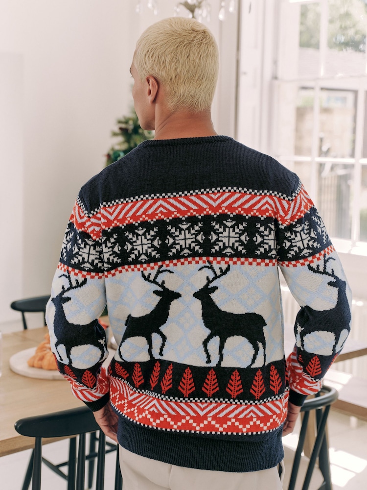 Navy Blue/Red - Dopasowany rodzinny sweter świąteczny dla mężczyzn ze wzorem skandynawskim i motywem renifera - Image 4 of 7