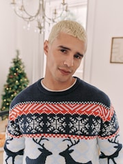 Navy Blue/Red Matching Family Mens Christmas Fair Isle Pattern Reindeer Jumper - Image 5 of 7