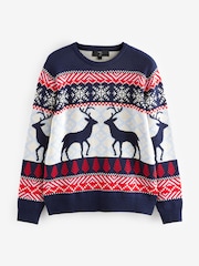 Navy Blue/Red Matching Family Mens Christmas Fair Isle Pattern Reindeer Jumper - Image 6 of 7
