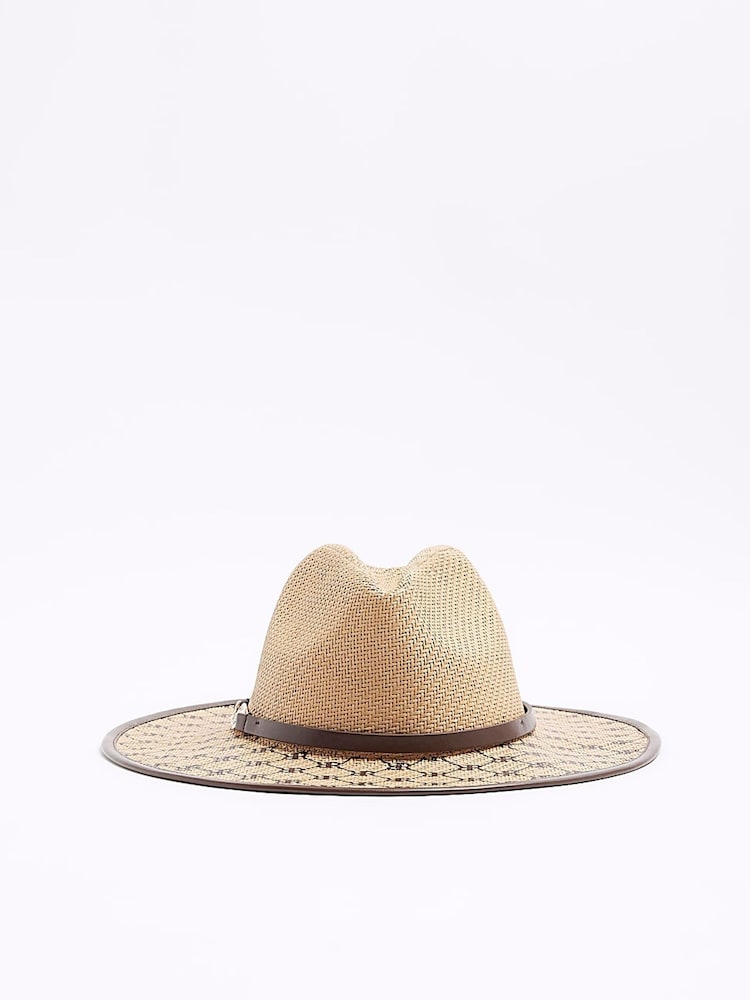 River Island Brown Monogram Straw Fedora Hat - Image 1 of 3